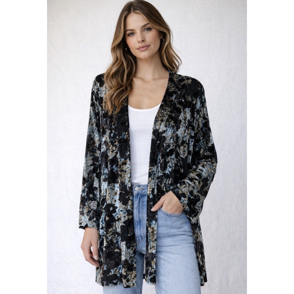 Vintage ReBeKah Womens Dark Velvet Floral Burnout Duster L Whimsigoth Witchy USA